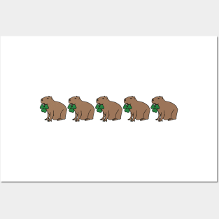 Five Capybara Holding Shamrocks for St Patricks Day Posters and Art